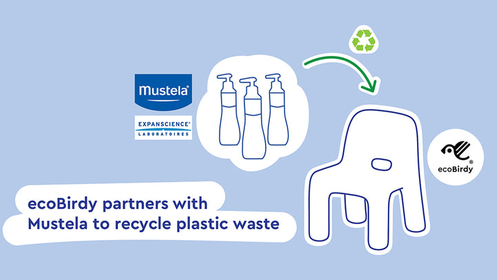 ecoBirdy partners with Mustela Laboratoires Expanscience to upcycle empty plastic bottles and flacons from baby care products into furniture pieces