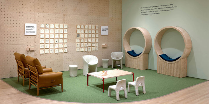 The learning lounge of the creative growth exhibition at SFMOMA. Furnished with ecoBirdy chairs.